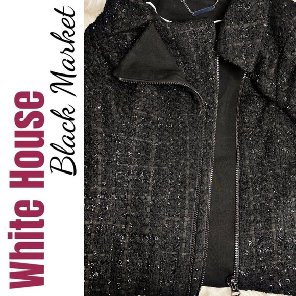 WHBM TWEED MOTO JACKET Black Shimmer Collarless, Size 8 - Picture 6 of 12